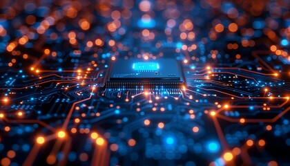Futuristic Circuit Board with Connected Blue Lines,  abstract digital background featuring an intricate circuit board design