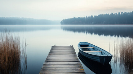 Naklejka premium A serene landscape features a small blue boat next to a wooden dock on a calm, misty lake, surrounded by tall grasses and a dense forest in the background.