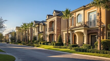 Obraz premium Row of Mediterranean-style Homes with Palm Trees and Cobblestone Street