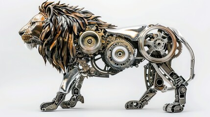 A mechanical lion made of metal gears and parts, standing on a white background.