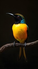 Fototapeta premium Regal Sunbird Perched on a Branch on a Black Background, Realistic Photo, Wallpaper, Cover and Screen for Smartphone, PC, Laptop, 9:16 and 16:9 Format