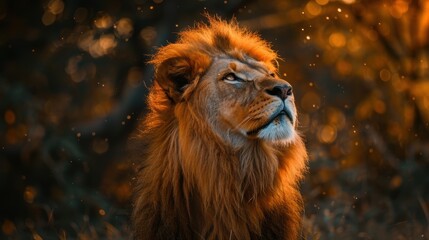 Naklejka premium Majestic lion gazes upwards in the golden light of a wild savanna at dawn