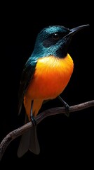 Fototapeta premium Regal Sunbird Perched on a Branch on a Black Background, Realistic Photo, Wallpaper, Cover and Screen for Smartphone, PC, Laptop, 9:16 and 16:9 Format