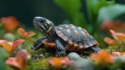 Obraz premium A sharp image of a tiny turtle resting amidst green blades and vibrant petals, set against a hazy backdrop of leafy foliage