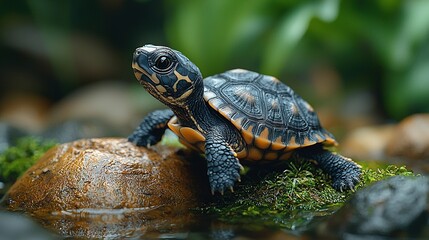 Obraz premium Turtle on rock in water with green plants in background
