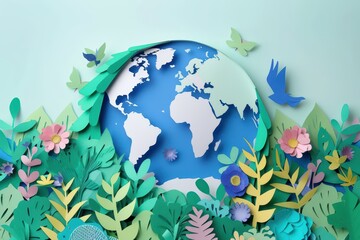 A vibrant paper art representation of Earth, surrounded by colorful foliage and butterflies, celebrating nature's beauty.