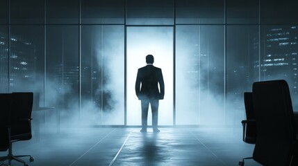 Fototapeta premium Businessman Standing Before a Foggy Window in an Office