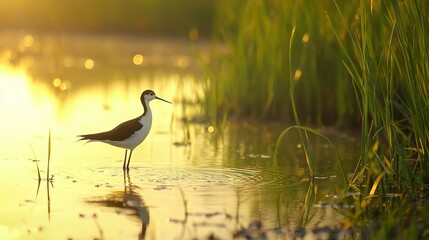 Naklejka premium Bird in water with tall grass and sun in backdrop