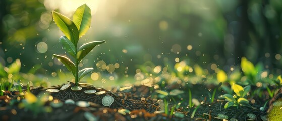 A young plant grows among coins, symbolizing prosperity and growth in a lush environment, illuminated by soft sunlight.