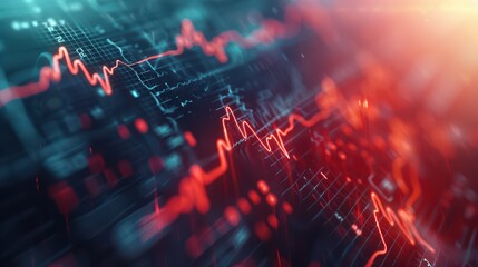 Obraz premium Abstract visualization of data trends with red and blue lines against a digital background, symbolizing technology and analytics.