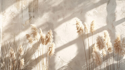 Aesthetic background with shades of neutral pampas grass and reeds, sunlight casting shadows on the wall for a Parisian vibe.