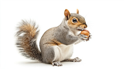 A cute squirrel holds an acorn with both hands, sitting on its hind legs against a white background. © Steven