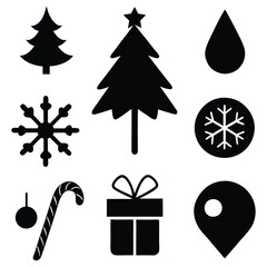 Design a logo icon set featuring silhouettes of a Christmas tree, a candy cane, and a snowflake