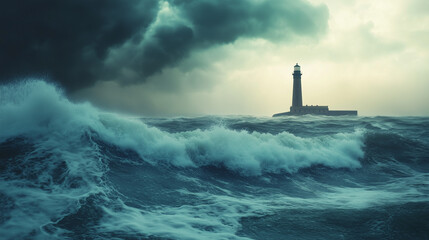 Fototapeta premium Dramatic stormy ocean with towering lighthouse standing amidst turbulent waves and dark, ominous clouds.