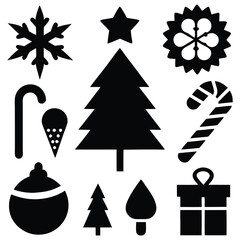 Design a logo icon set featuring silhouettes of a Christmas tree, a candy cane, and a snowflake