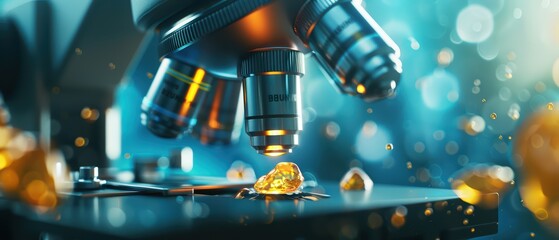 Close-up of a microscope examining a mineral sample, showcasing intricate details against a vibrant, blurred background.
