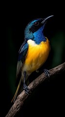 Fototapeta premium Regal Sunbird Perched on a Branch on a Black Background, Realistic Photo, Wallpaper, Cover and Screen for Smartphone, PC, Laptop, 9:16 and 16:9 Format