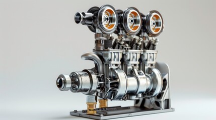 Fototapeta premium A detailed close-up view of a silver engine with three cylinders, gold-toned pistons, and black intake manifolds.