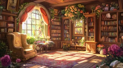 Obraz premium Sunlit Library with Flowers and a Cozy Armchair