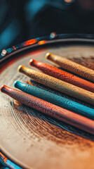 Colorful drumsticks resting on drum surface, creating vibrant scene
