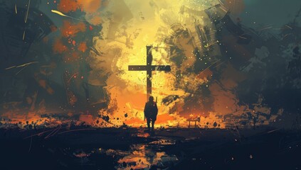 Soldier Standing in Front of a Cross with Fiery Background