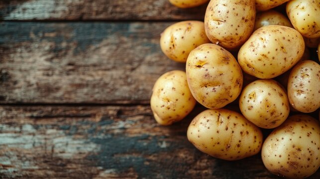 organic young potatoes on wooden table, representing farm-to-kitchen concept, with room for text in banner fresh and natural produce