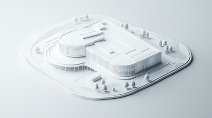 White 3D Model of a Modern Building with Surrounding Trees and Landscaping