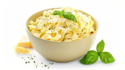 Delicious pasta dish served with fresh basil and grated cheese, perfect for dinner or lunch.