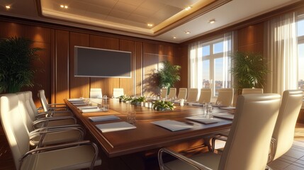 Modern Boardroom with Large Windows and Wooden Accents