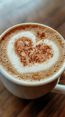 A close up of latte with heart shaped foam design, evoking warmth and comfort