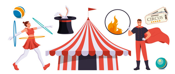Circus elements set. Woman with colorful hula hoops, man with fire ring. Entertainment and leisure, fun. Tickets, ball and rabbit in hat. Flat vector collection isolated on white background