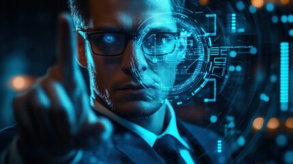 Man with Futuristic Glasses Interacting with Digital Interface