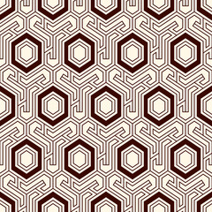 Honeycomb seamless pattern. Hexagon mosaic tiles ornament. Ethnic surface print. Repeated geometric figures background. Ornamental wallpaper. Modern geo design digital paper.