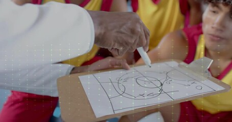 Animation of digital data processing over diverse basketball players with coach - Powered by Adobe