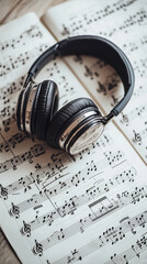 Close up of headphones resting on sheet music, evoking love for music