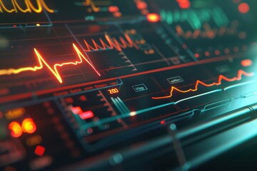 Futuristic medical monitor displaying heartbeat and health data on a vibrant electronic interface.
