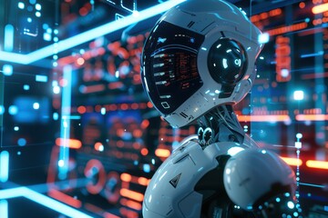 Futuristic robot in a digital environment, showcasing advanced technology and artificial intelligence with neon accents.