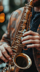 Obraz premium Passionate saxophonist playing golden saxophone in vibrant setting