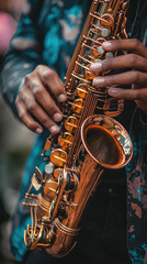 Obraz premium Passionate saxophonist playing golden saxophone with skillful hands