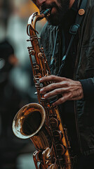Obraz premium Passionately playing saxophone, musician captivates audience