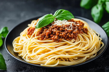 Spaghetti Bolognese with Fresh Basil and Parmesan on a Black Plate