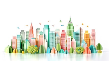 Papercraft cityscape with paper airplanes and green trees on a white background.