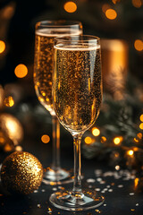 Festive New Year 2025 Celebration with Golden Numbers, Confetti, and Champagne on Dark Background
