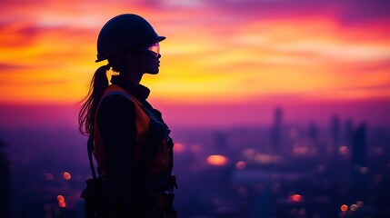 Fototapeta premium silhouette of woman construction worker in hardhat vest and protective googles on the top of building at the sunset with copyspace. Generative ai