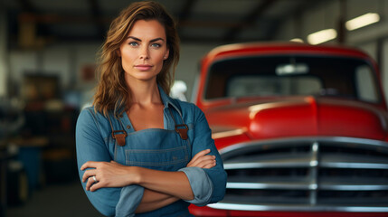 Confident woman mechanic in car workshop with modified racing truck breaking barriers concept. Generative ai