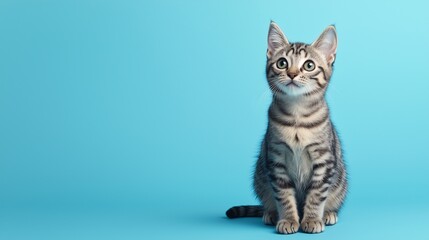 Studio shot of a gray and white striped cat sitting on blue background.