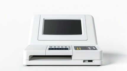 A vintage-style white computer with a black screen, buttons, and slots.