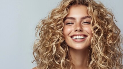 Naklejka premium Blonde woman with curly beautiful hair smiling on gray background.