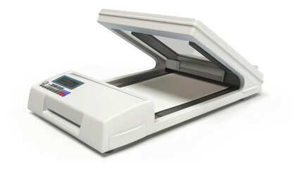 A white document scanner with its lid open, showing the scanning bed.
