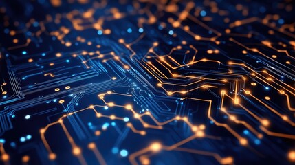 Abstract Circuit Board with Glowing Lines.